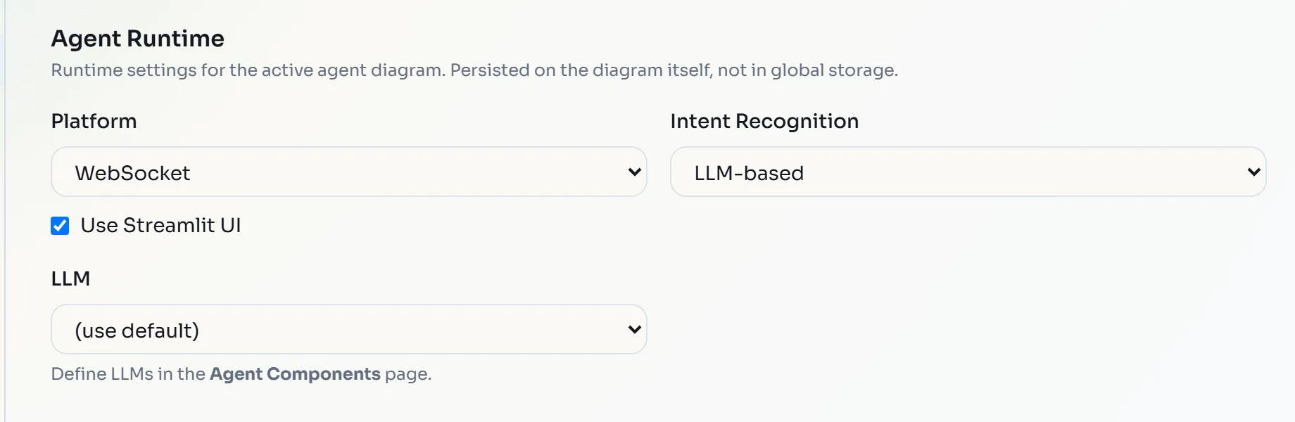 Agent Runtime settings: Platform WebSocket, Use Streamlit UI ticked, Intent Recognition LLM-based