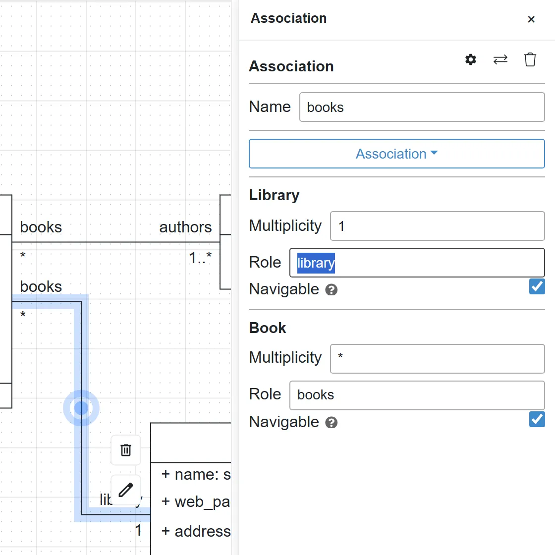 Association properties with the Library multiplicity set to 1 and the Book multiplicity set to *