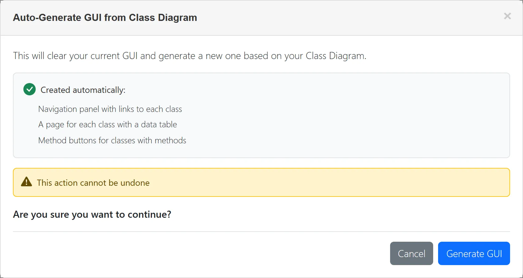 Auto-Generate GUI from Class Diagram dialog listing a navigation panel, a page per class and method buttons