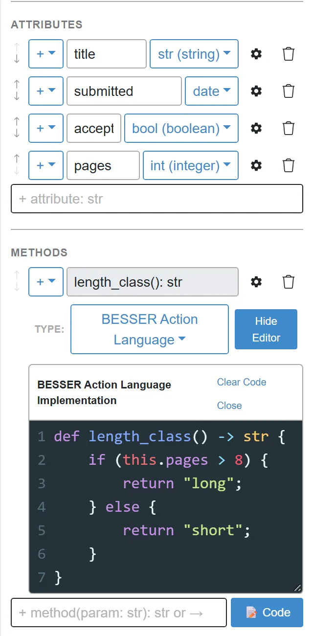 The Paper panel with length_class implemented in BAL: the type dropdown shows BESSER Action Language and the editor holds the method body