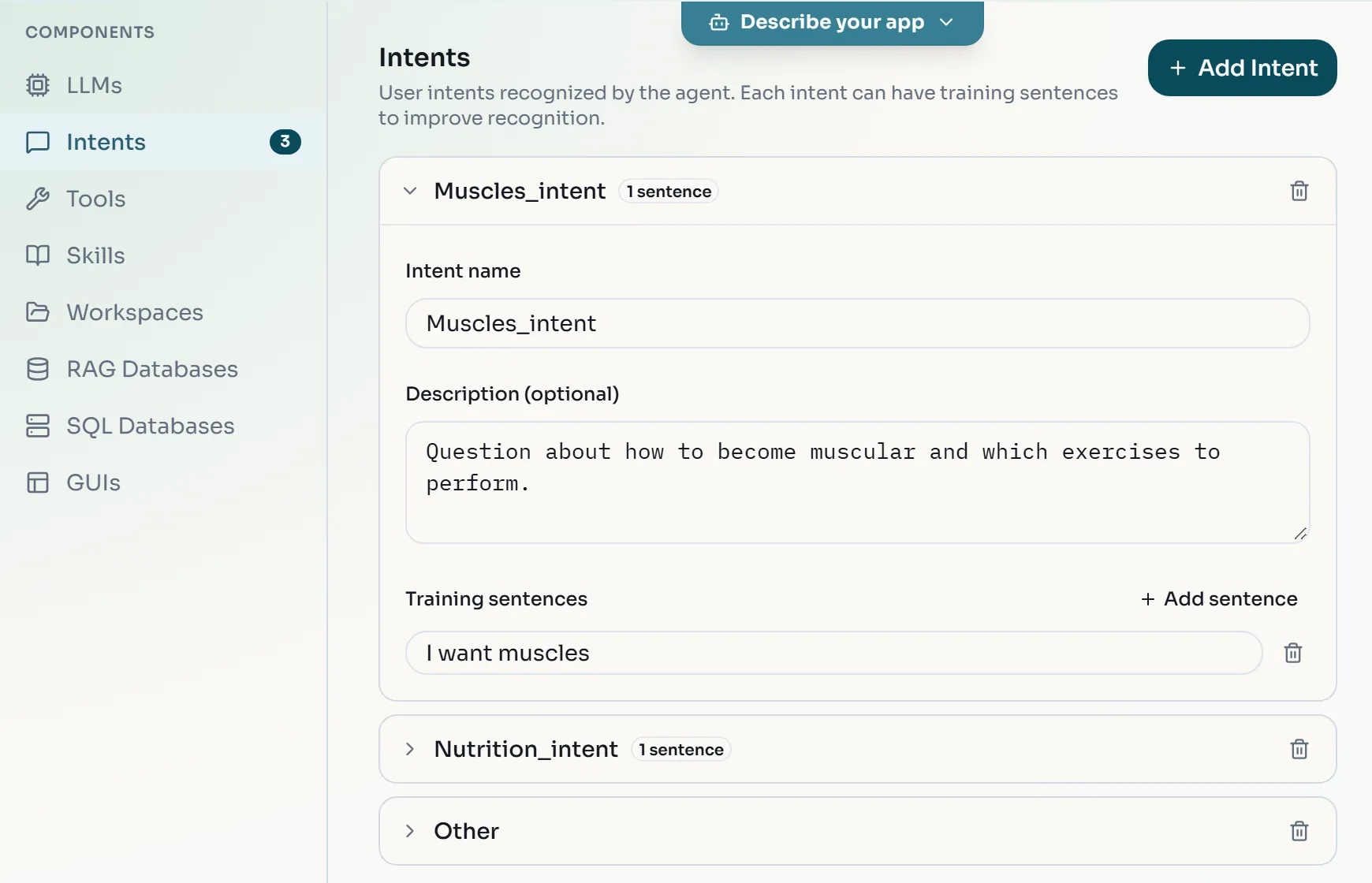 The Intents section with Muscles_intent expanded: its description and the training sentence I want muscles
