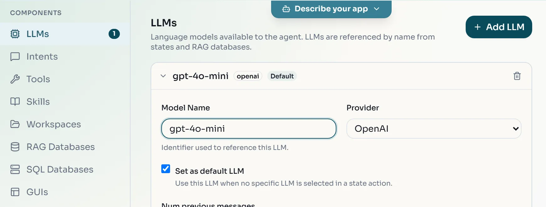 The LLMs section with one OpenAI LLM named gpt-4o-mini set as default
