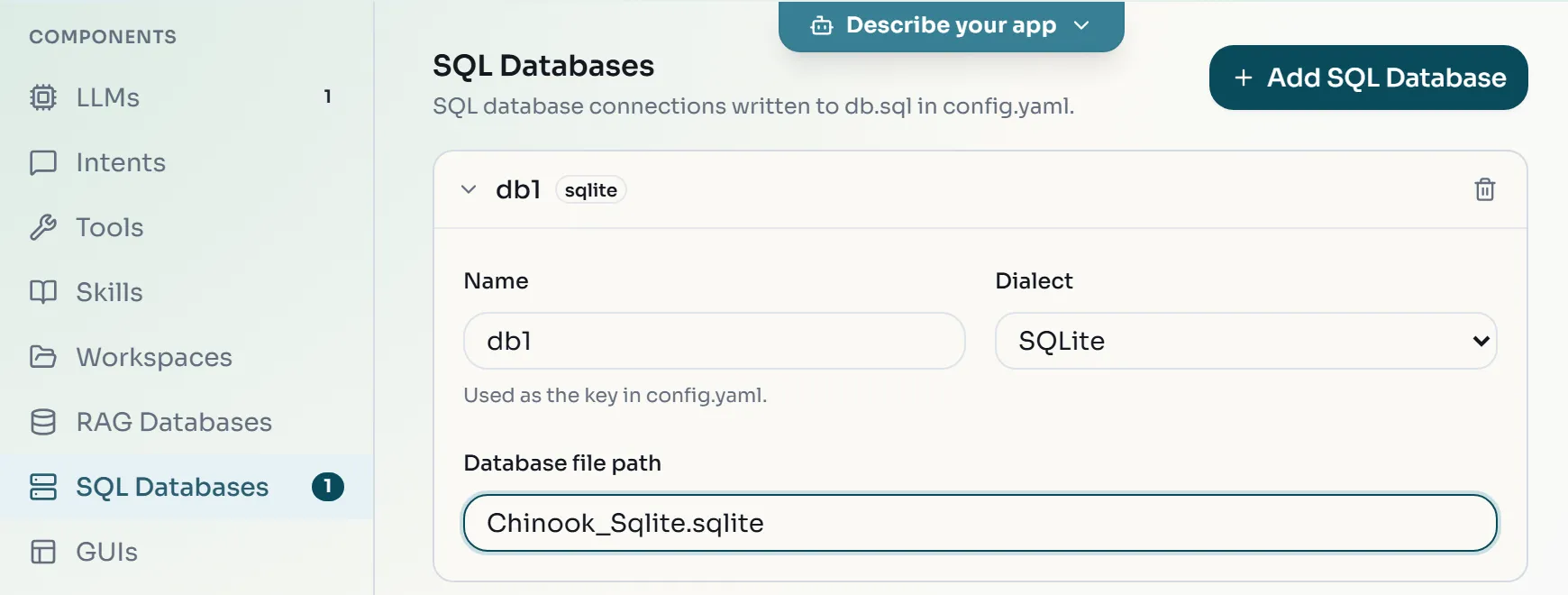 The SQL Databases section with db1, dialect SQLite and the Chinook file path