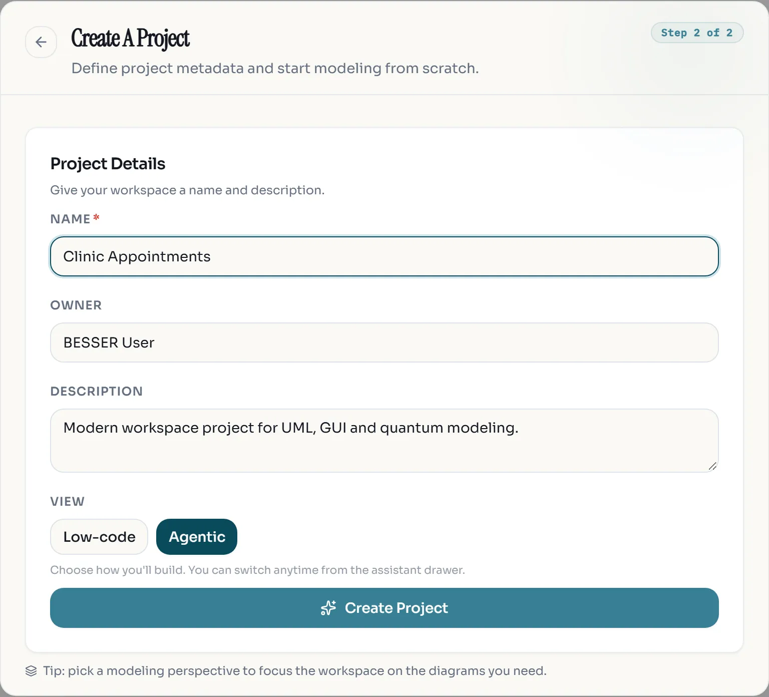 The Create A Project form with the name field, owner, description and the View toggle set to Agentic