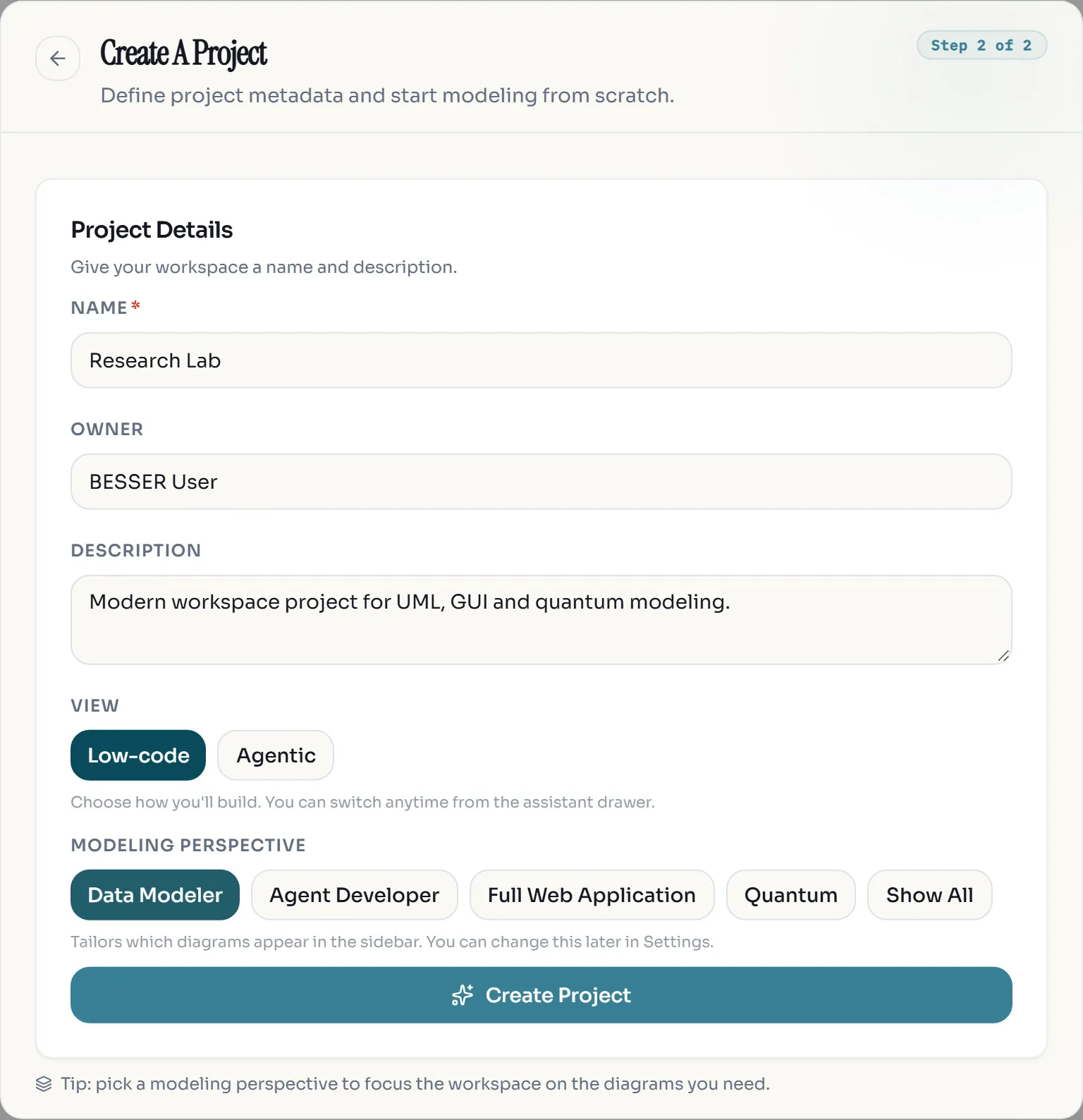 The Create A Project form with the name Research Lab, Low-code and Data Modeler selected