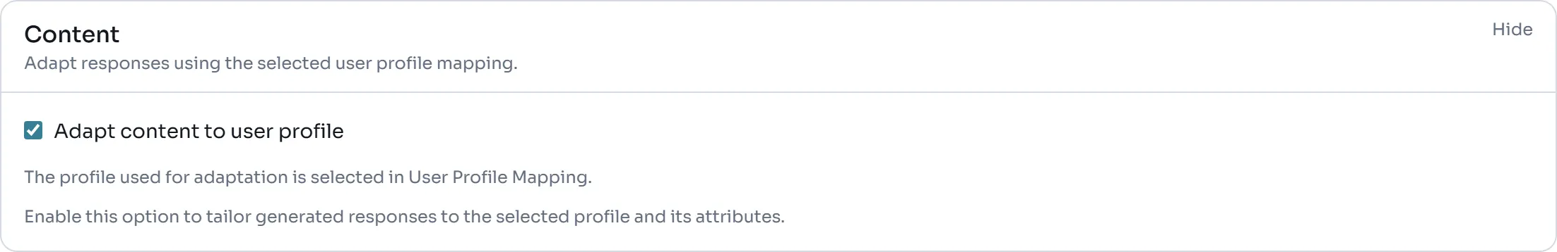 The Content section with Adapt content to user profile ticked