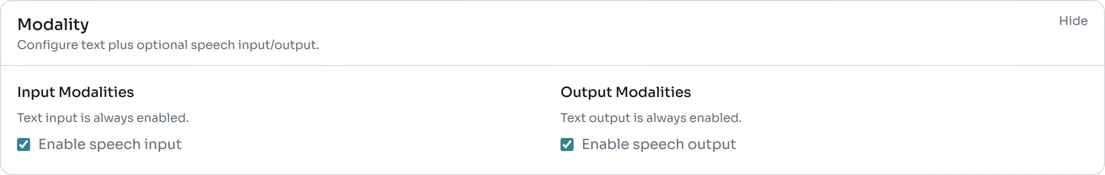 The Modality section with speech input and speech output enabled