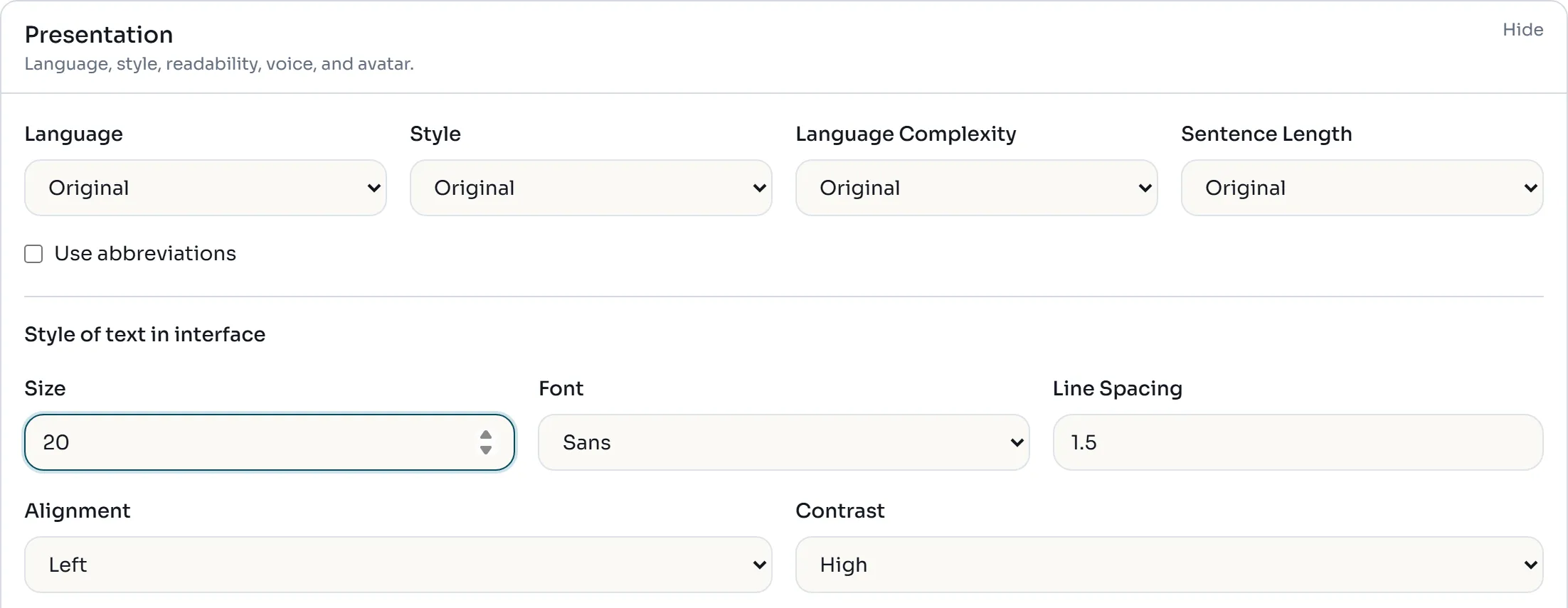 The Presentation section with Size 20 and Contrast High; Language, Style, Language Complexity and Sentence Length on Original