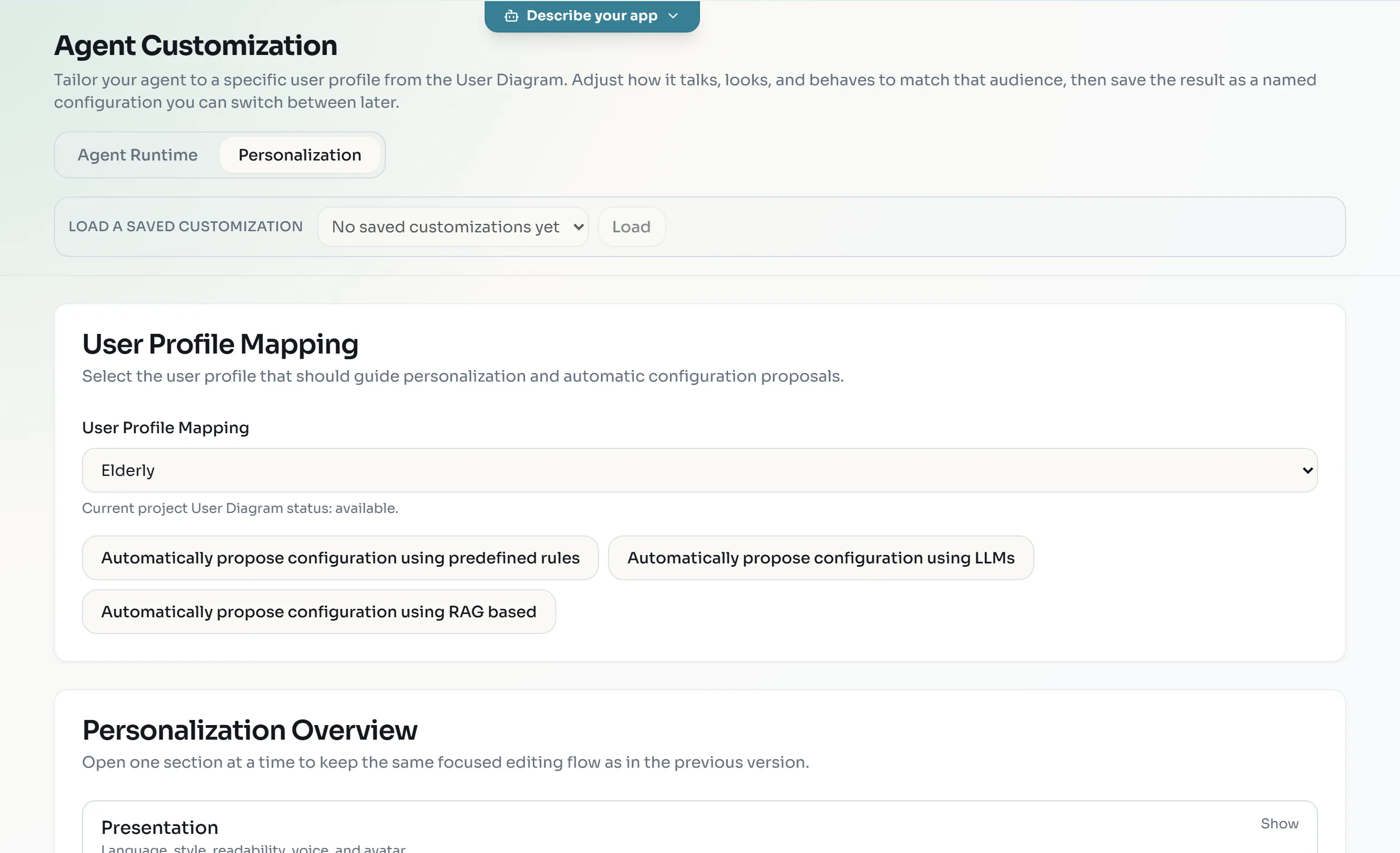 The Personalization tab with Elderly selected under User Profile Mapping and the three automatic proposal buttons