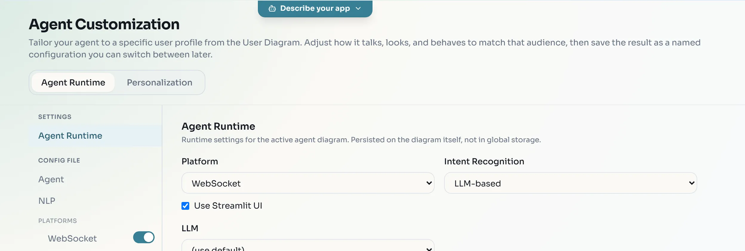 The Agent Runtime tab with Platform WebSocket, Use Streamlit UI and Intent Recognition LLM-based