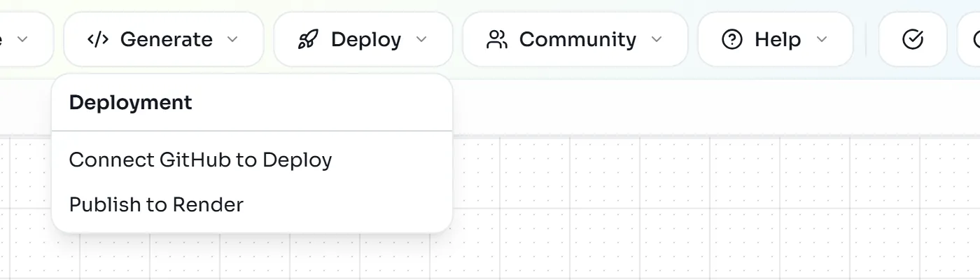 Deploy menu with the Deployment header, Connect GitHub to Deploy and Publish to Render