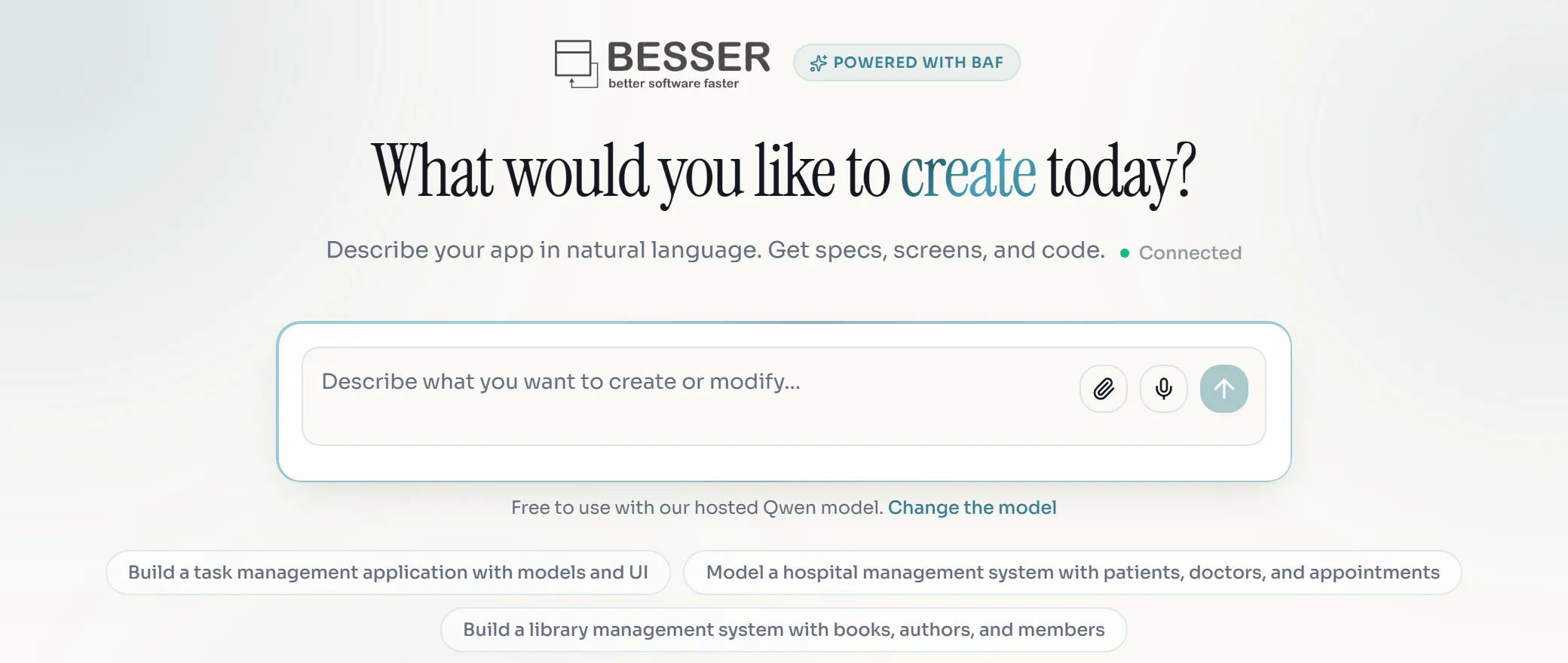 The assistant workspace with the headline, a Connected indicator, the composer and three example prompts