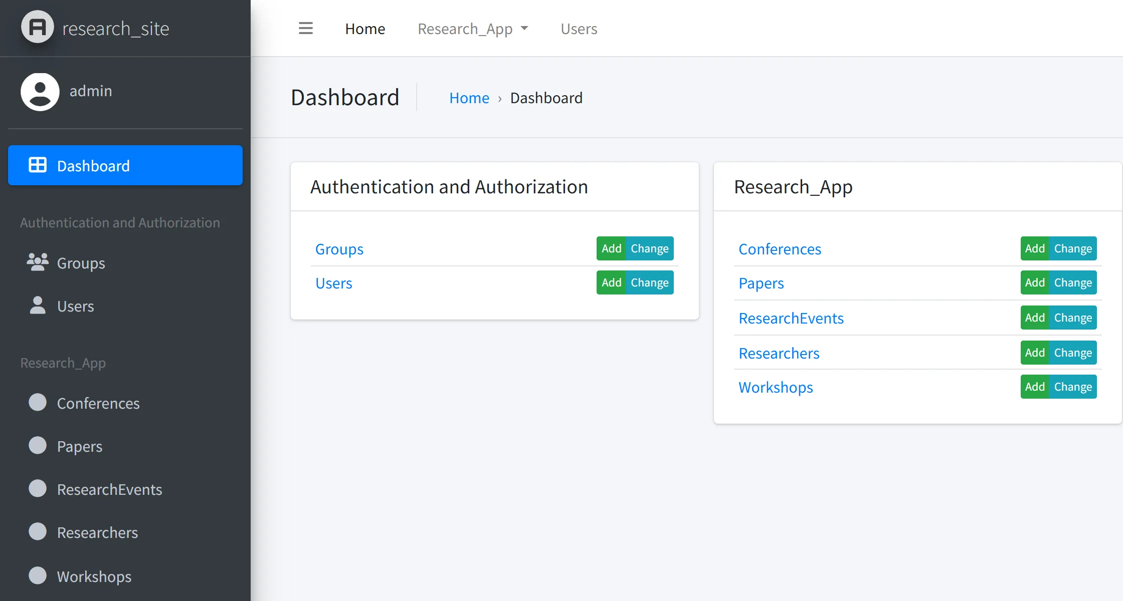 The Django admin dashboard of research_site listing Conferences, Papers, ResearchEvents, Researchers and Workshops