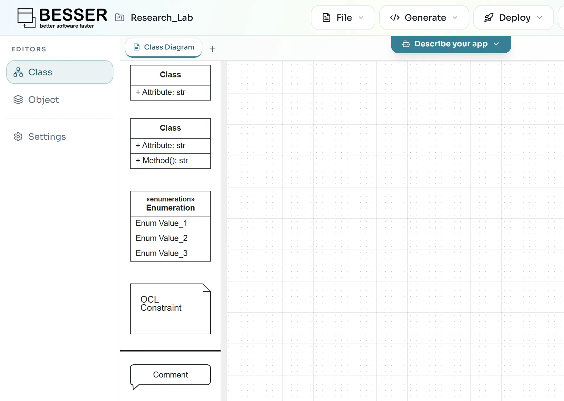 An empty class diagram with the palette: two kinds of class, Enumeration, OCL Constraint and Comment