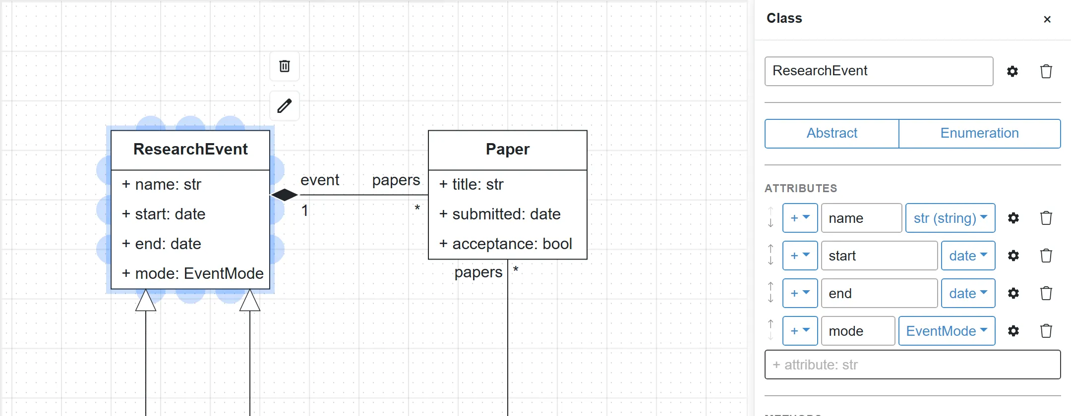 The ResearchEvent panel with the new attribute mode of type EventMode