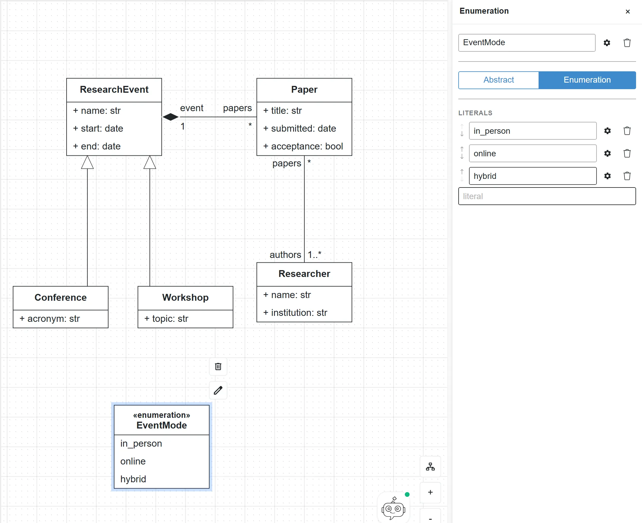 The EventMode enumeration with the literals in_person, online and hybrid in its panel