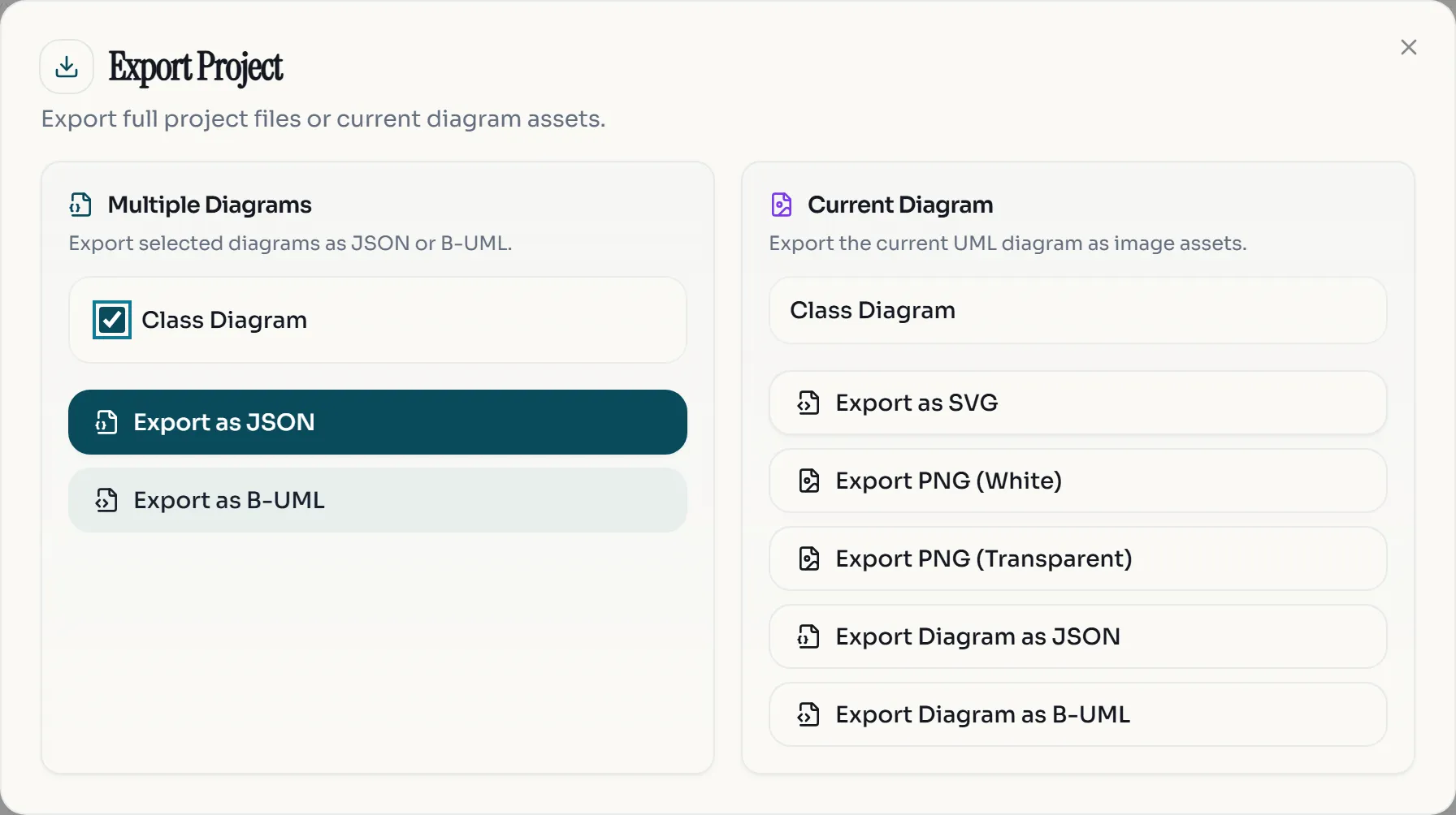 The Export Project dialog with Multiple Diagrams on the left and Current Diagram image exports on the right