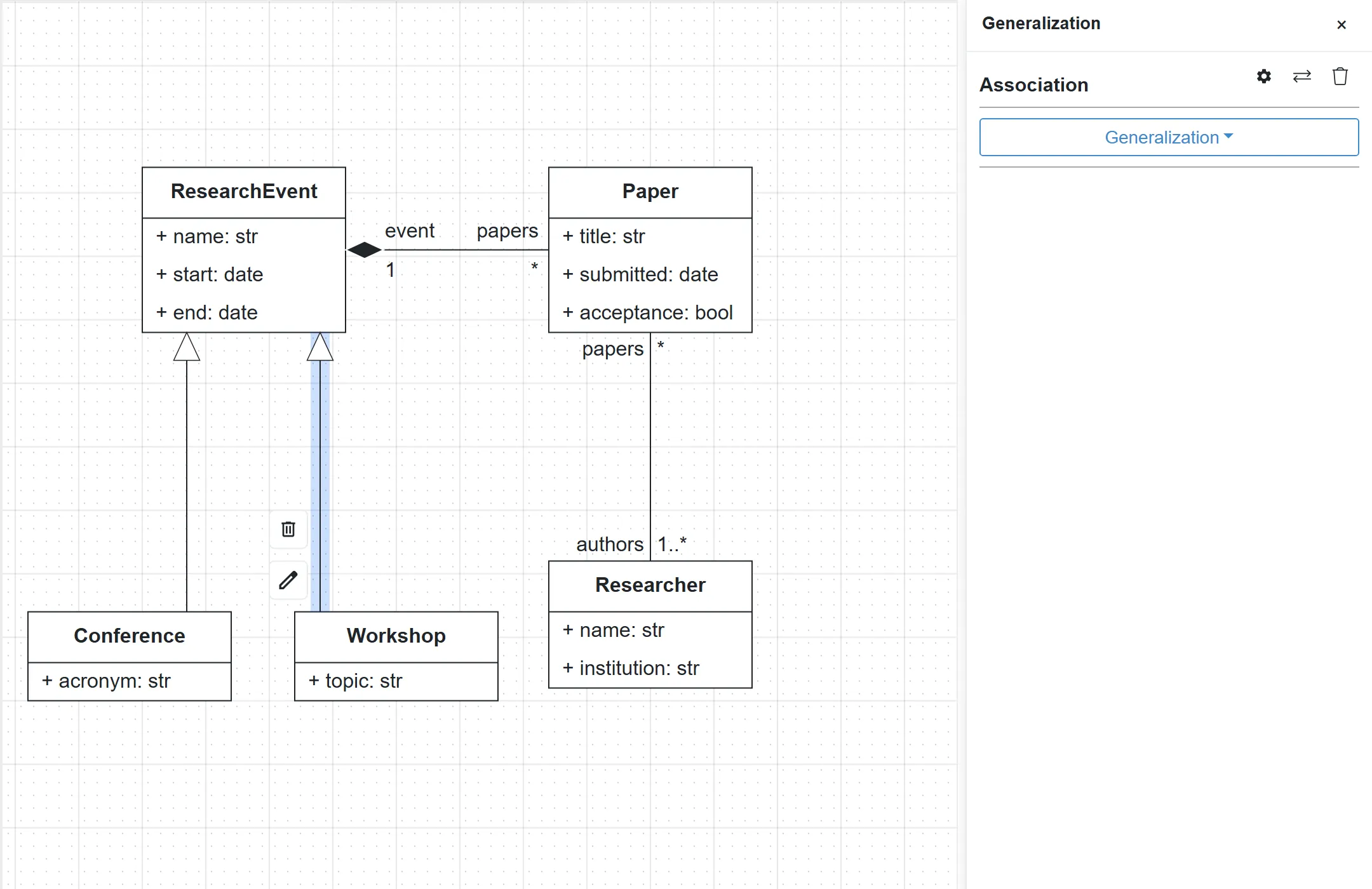 Conference and Workshop connected to ResearchEvent by generalizations, with the Generalization panel open