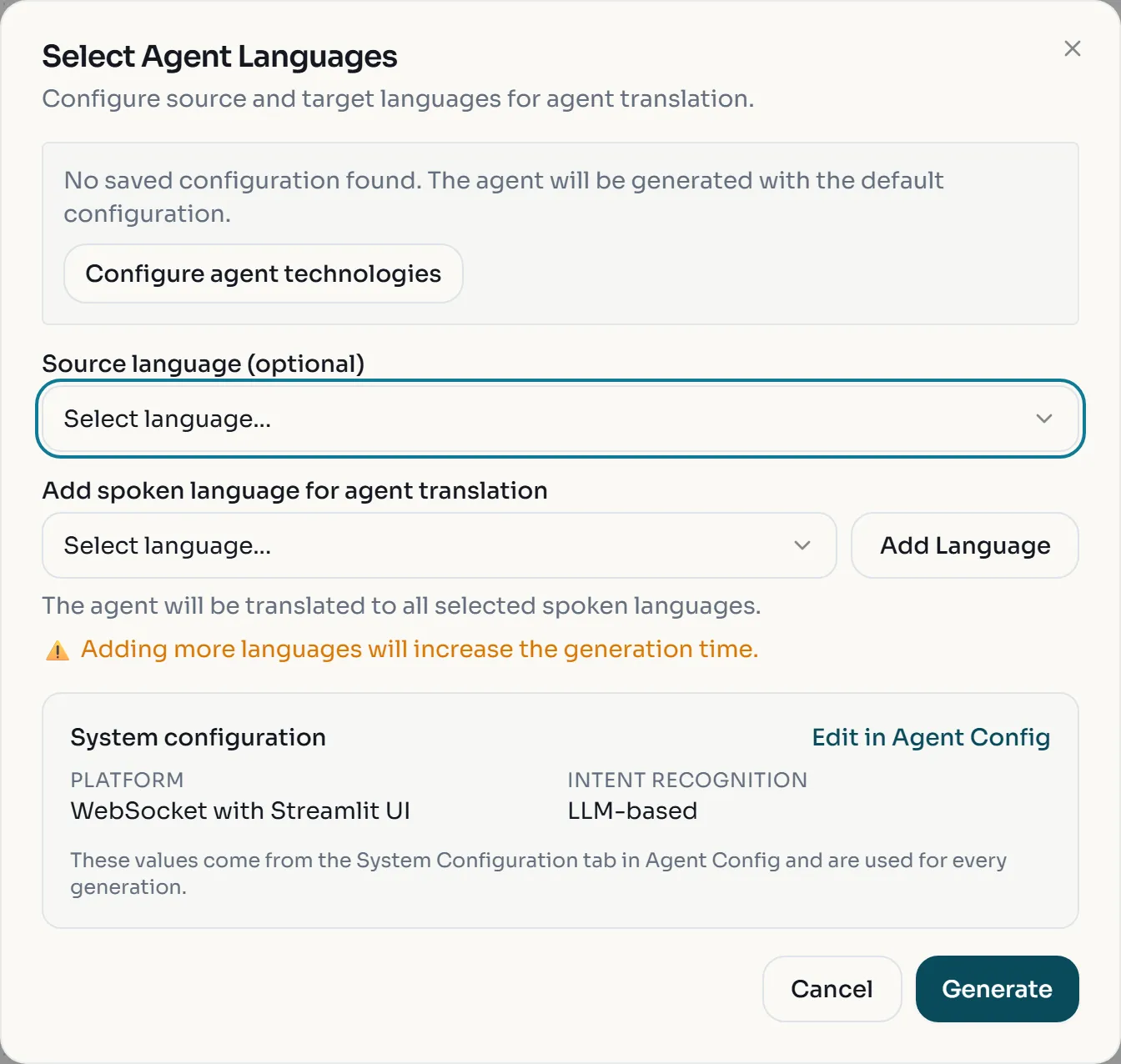 The Select Agent Languages dialog with the system configuration and the Generate button