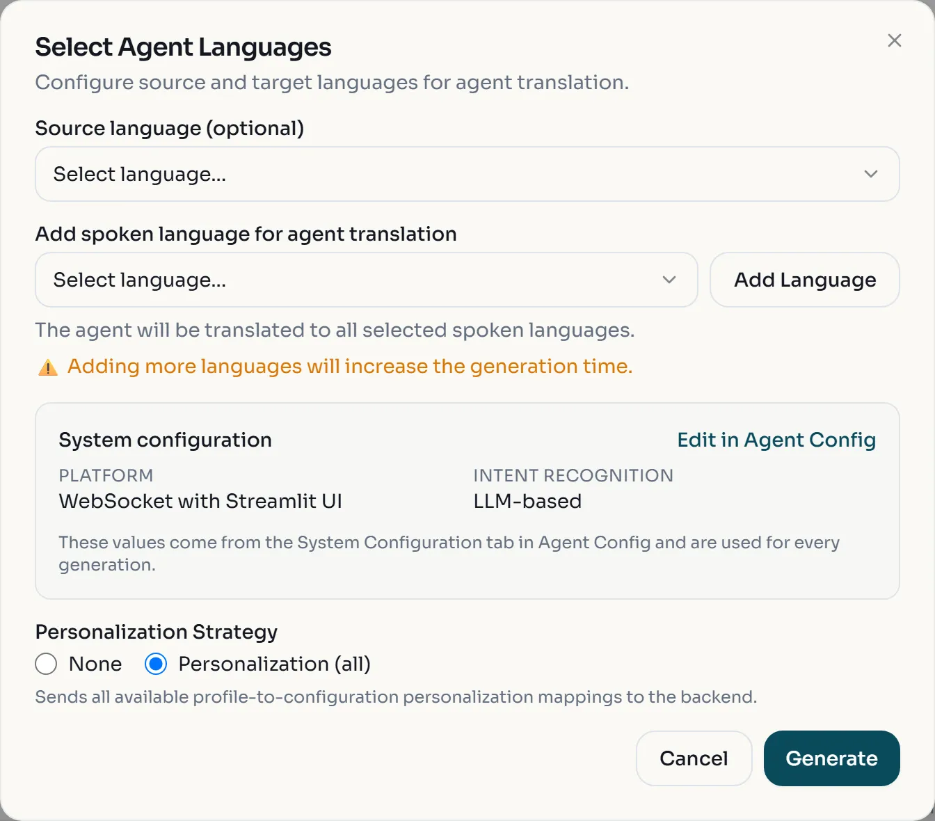 The Select Agent Languages dialog with Personalization Strategy set to Personalization (all)