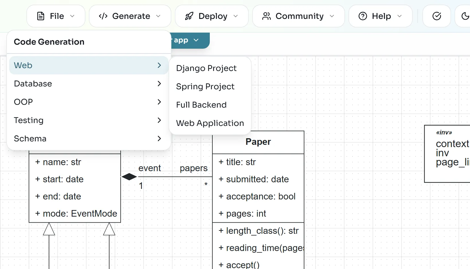 The Generate menu with Web expanded: Django Project, Spring Project, Full Backend and Web Application