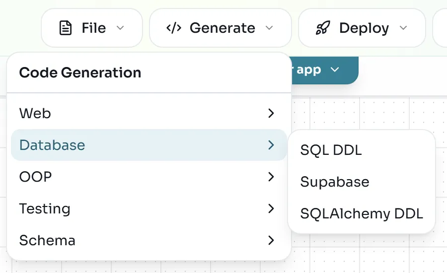Generate menu with the Database submenu open: SQL DDL, Supabase and SQLAlchemy DDL