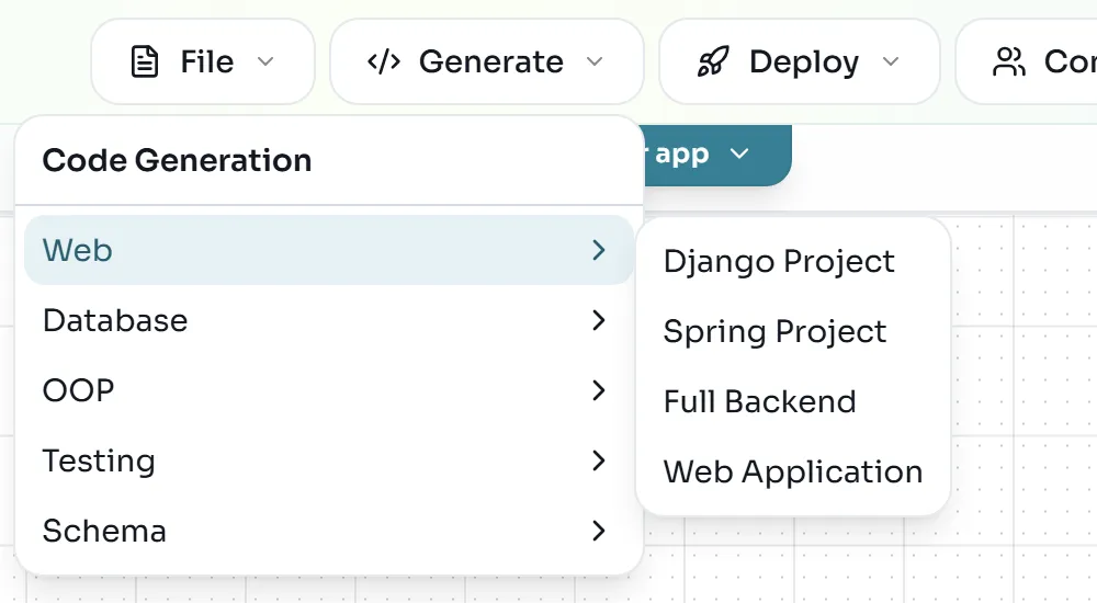 Generate menu with the Web submenu open: Django Project, Spring Project, Full Backend and Web Application