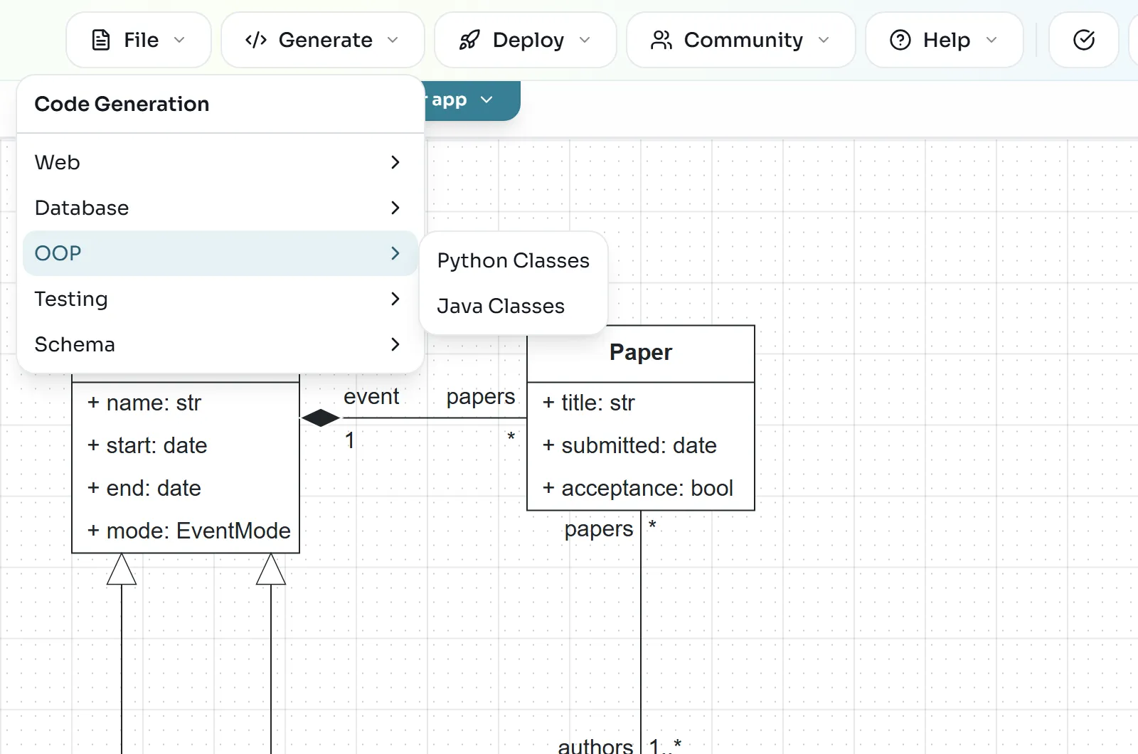 The Generate menu with Code Generation, OOP expanded and Python Classes and Java Classes