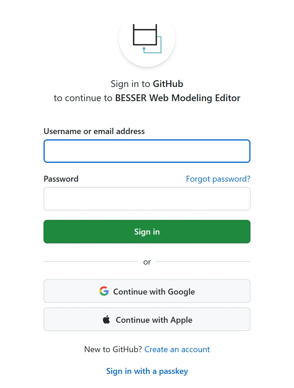 GitHub sign-in page asking you to continue to BESSER Web Modeling Editor