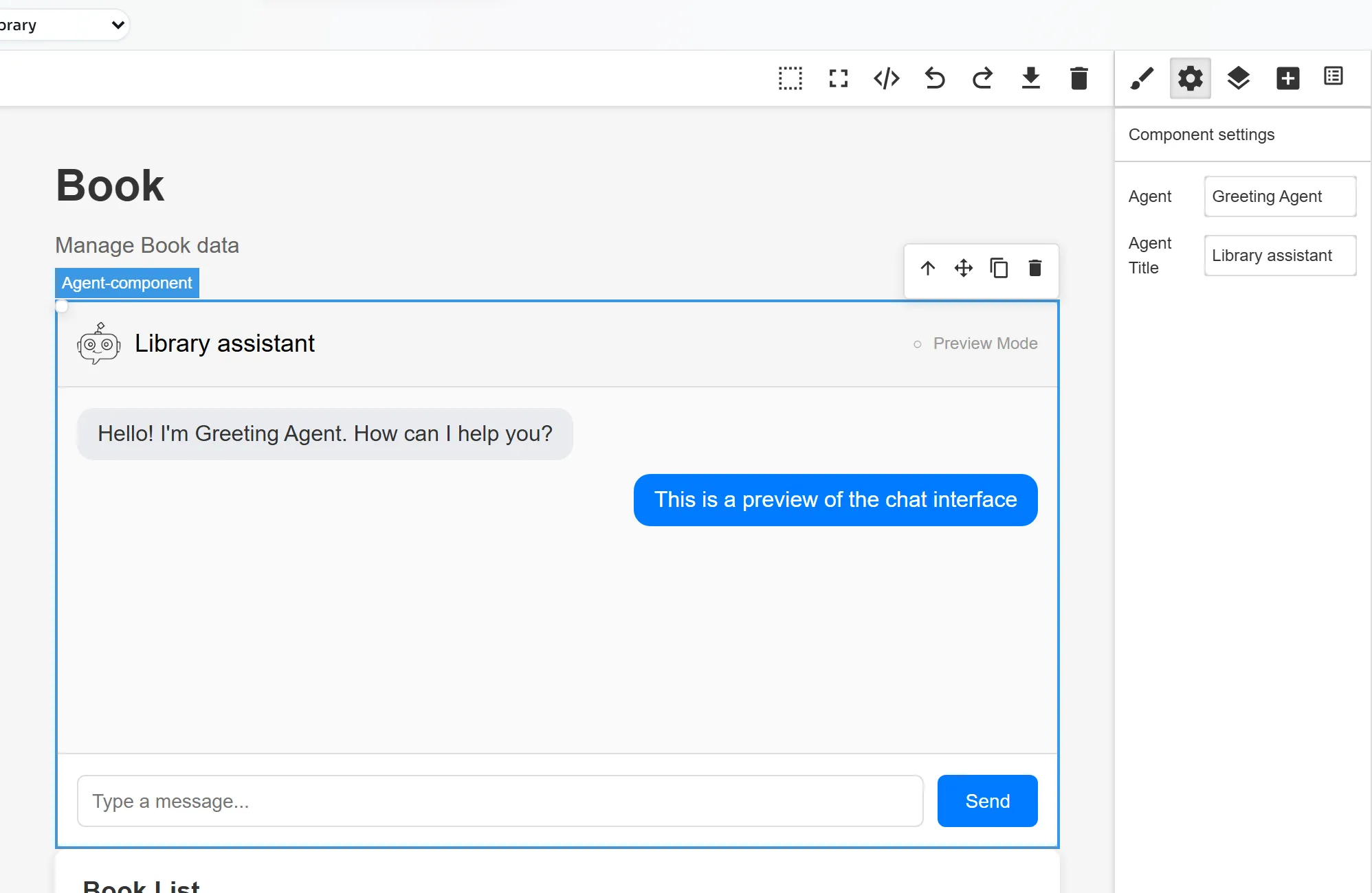 BESSER Agent widget titled Library assistant with Greeting Agent chosen in the Agent field