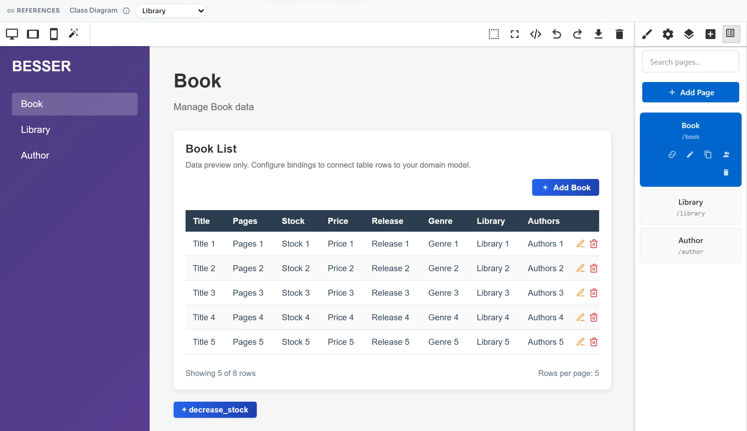 Generated Book page with a navigation sidebar, the Book List table, an Add Book button and a decrease_stock button
