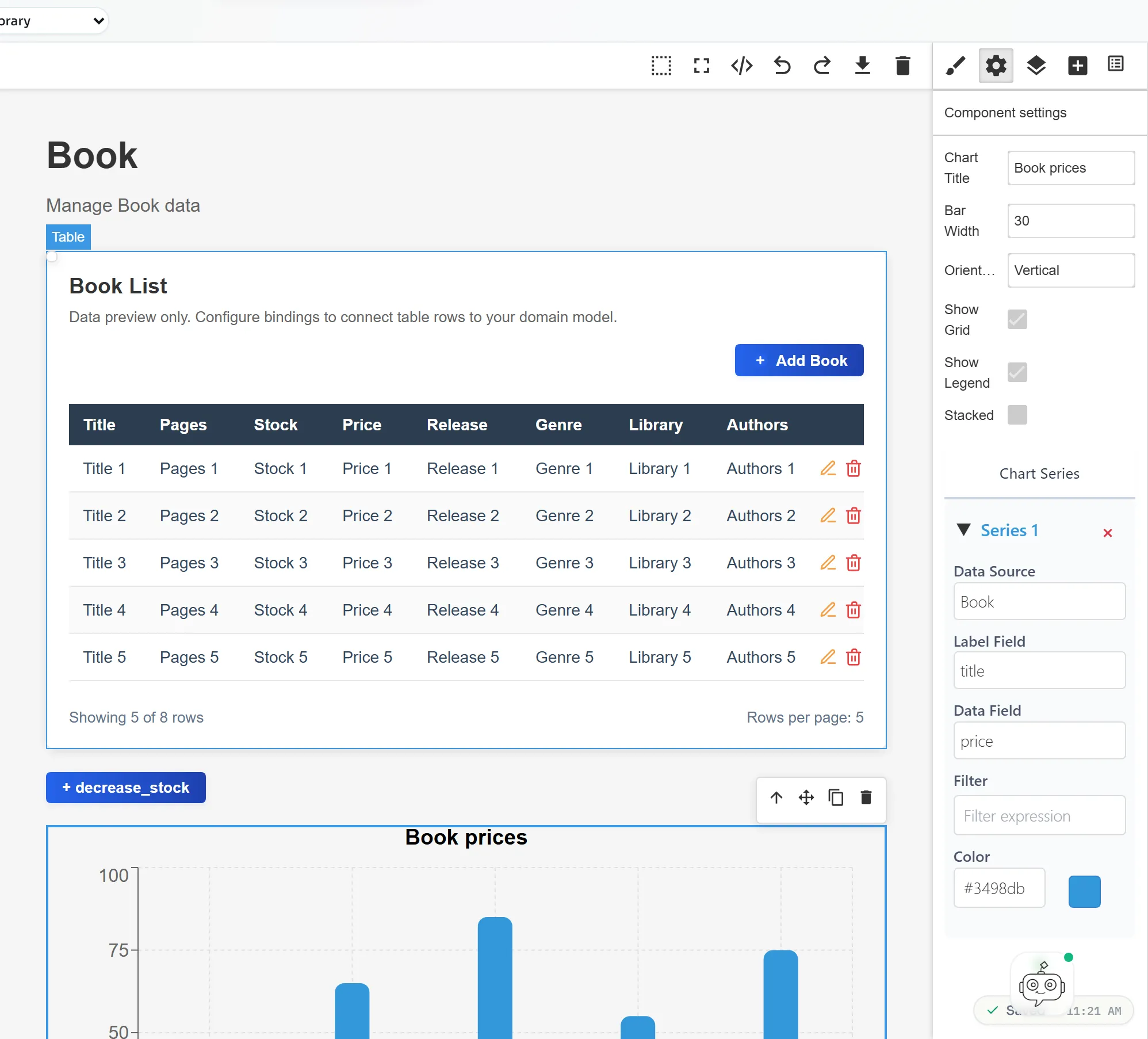 Bar chart selected on the Book page with Chart Title Book prices and a series bound to Book, title and price