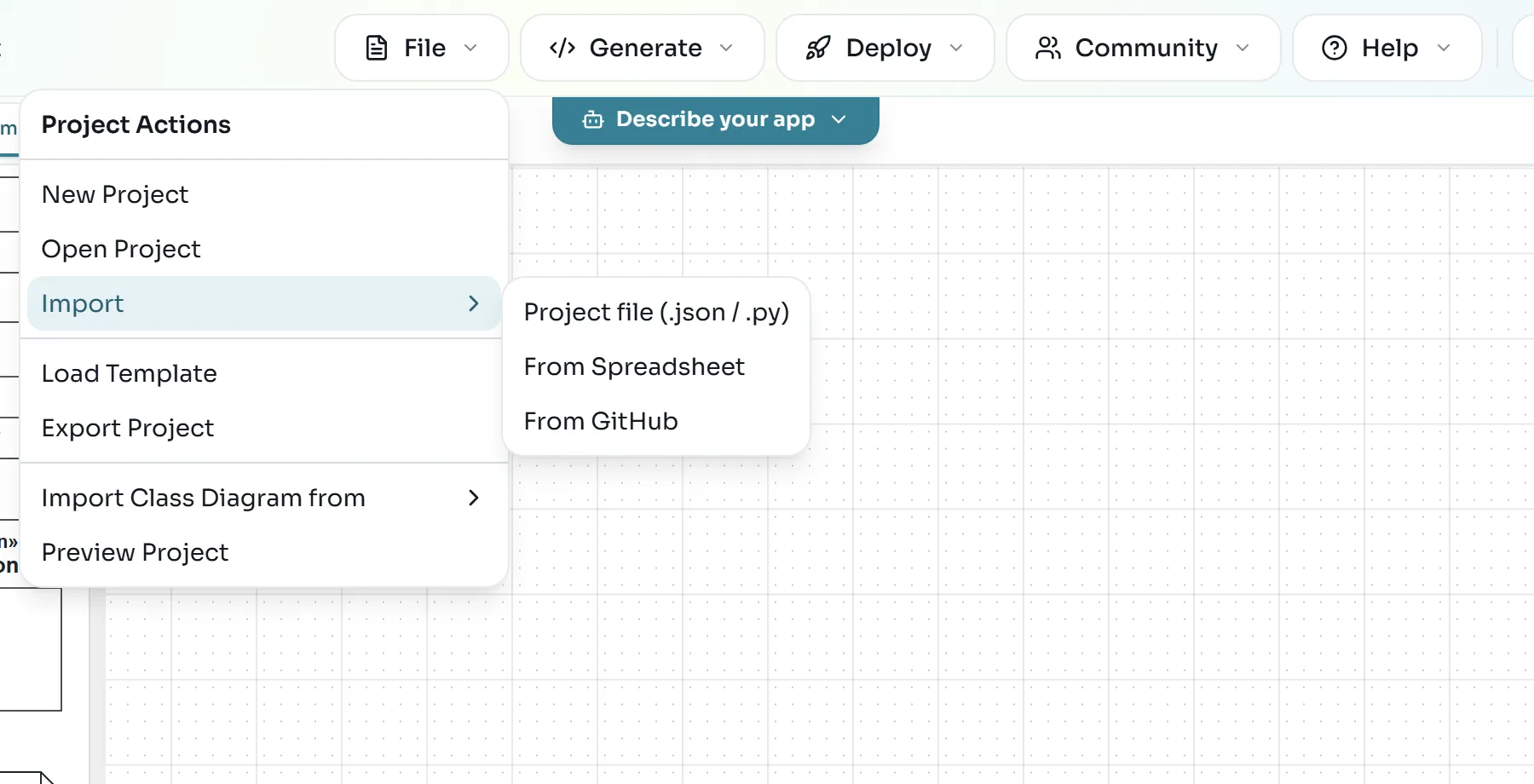 The File menu with Import expanded: Project file (.json / .py), From Spreadsheet and From GitHub
