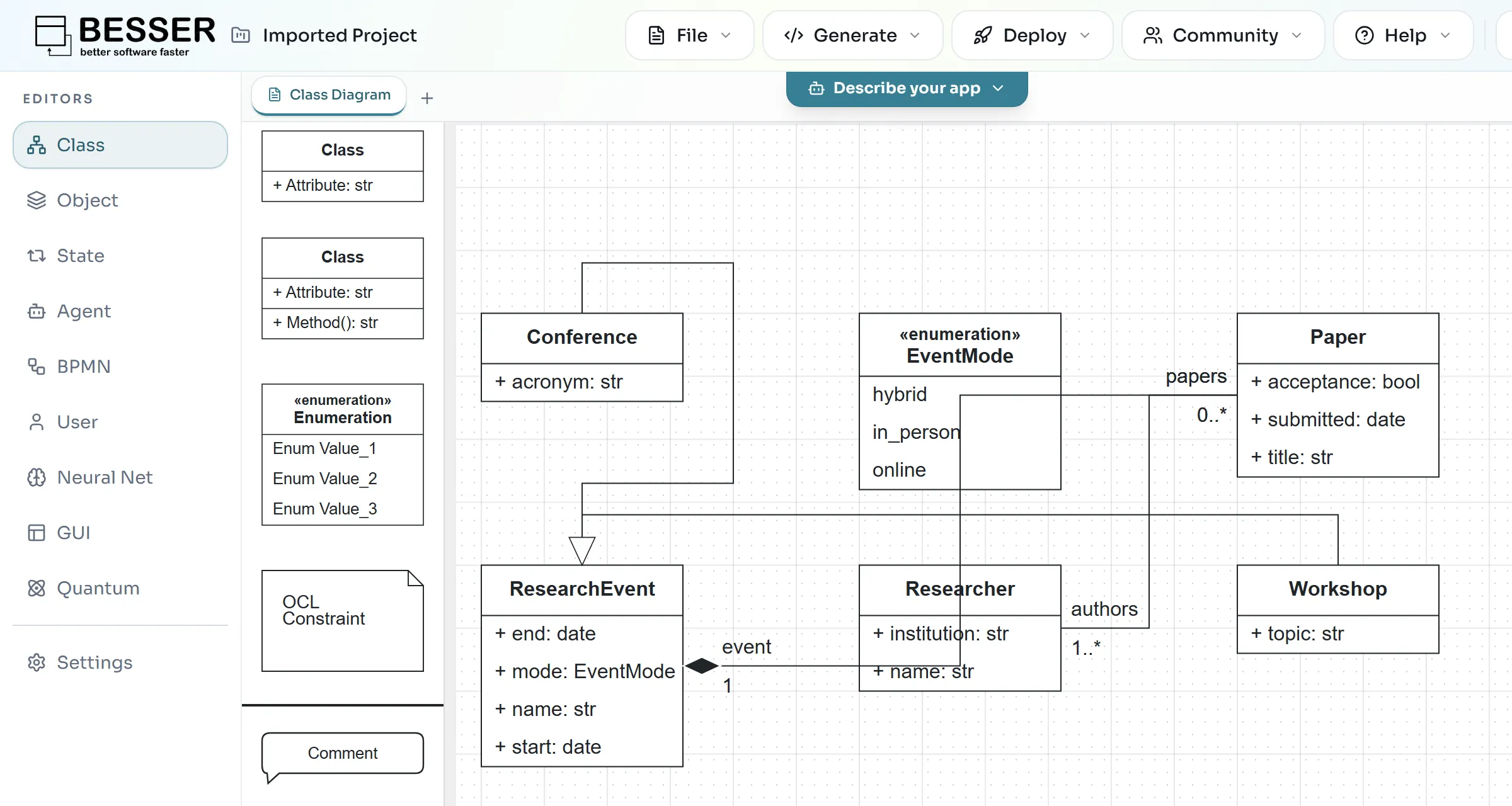 The research model imported from domain_model.py, with the classes laid out automatically