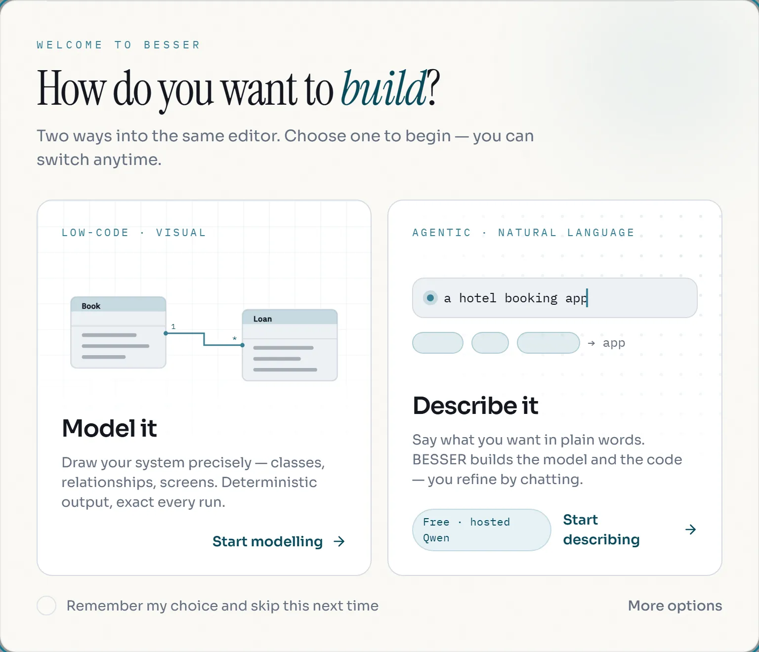 The first-run screen with two cards, Model it and Describe it, and a Free hosted Qwen pill on the Describe it card