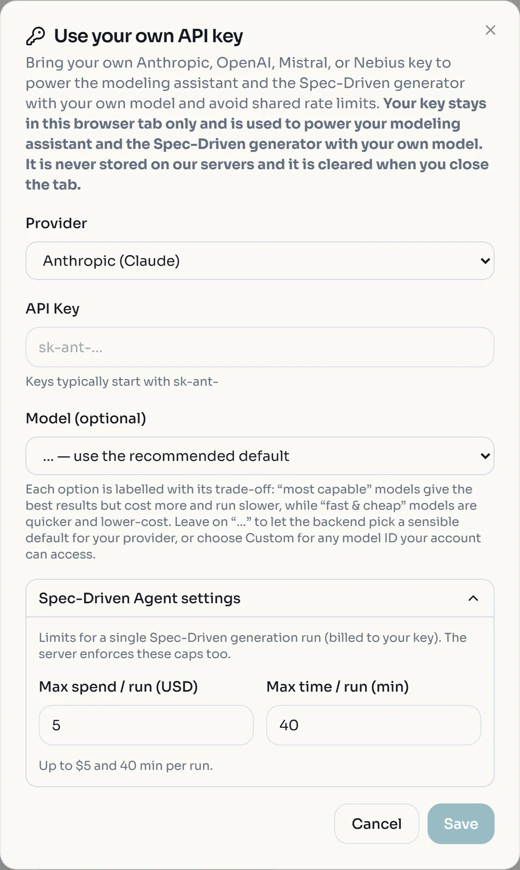 The Use your own API key dialog with the provider list, API Key and Model fields, and the expanded Spec-Driven Agent settings showing Max spend per run 5 and Max time per run 40