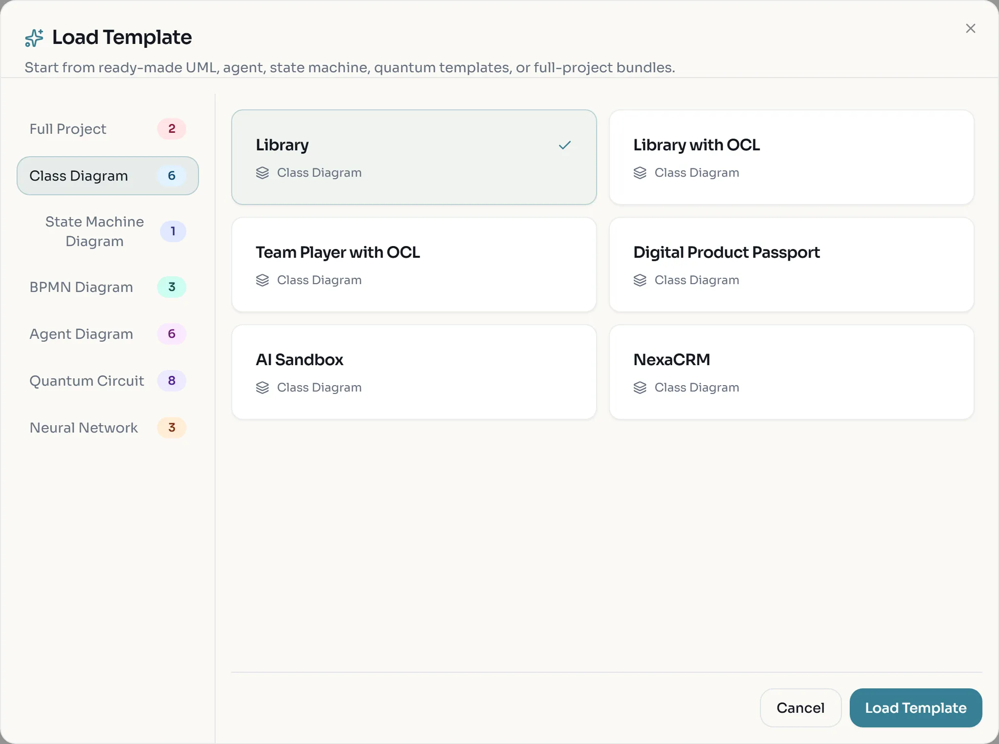Load Template dialog with the Class Diagram category and the Library template selected