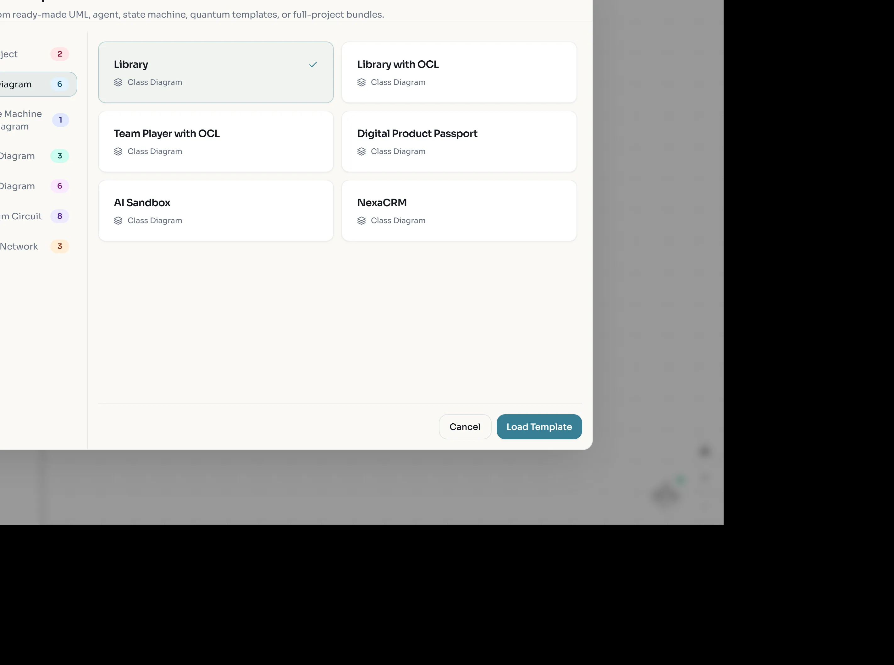 The Load Template dialog with the Class Diagram category selected and the Library card checked