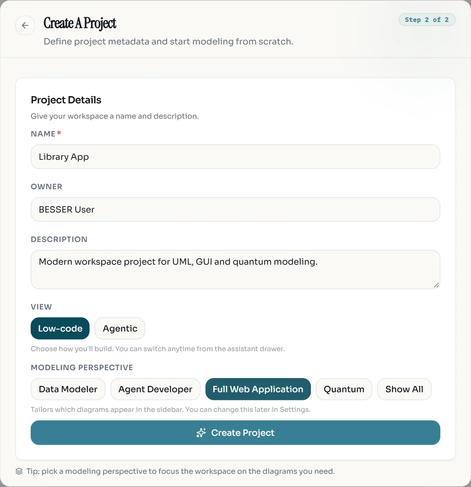 Create A Project form with the name Library App, the Low-code view and the Full Web Application perspective