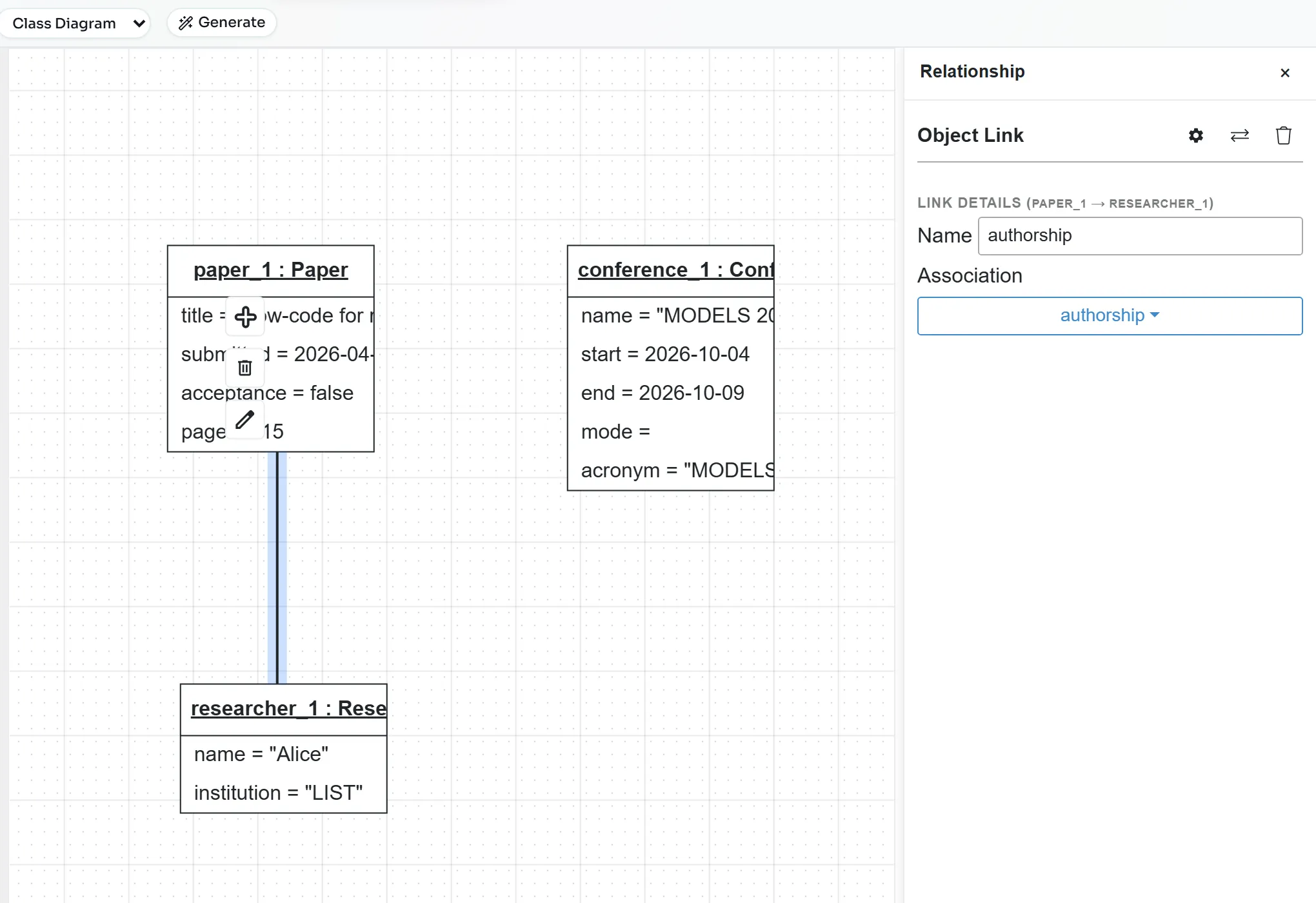 The object link between paper_1 and researcher_1 with its panel set to the authorship association