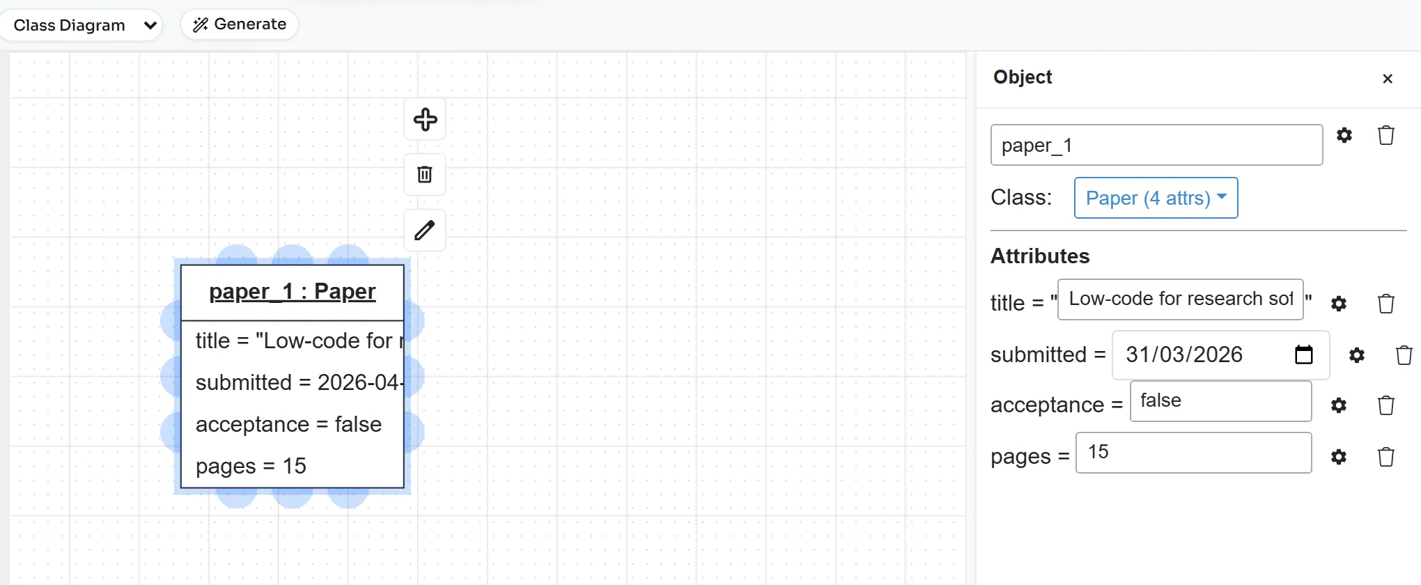 The paper_1 object with pages = 15 and its Object panel with one field per attribute