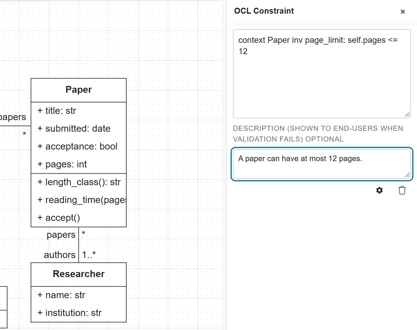 The OCL Constraint panel with the invariant page_limit and its description, next to the Paper class