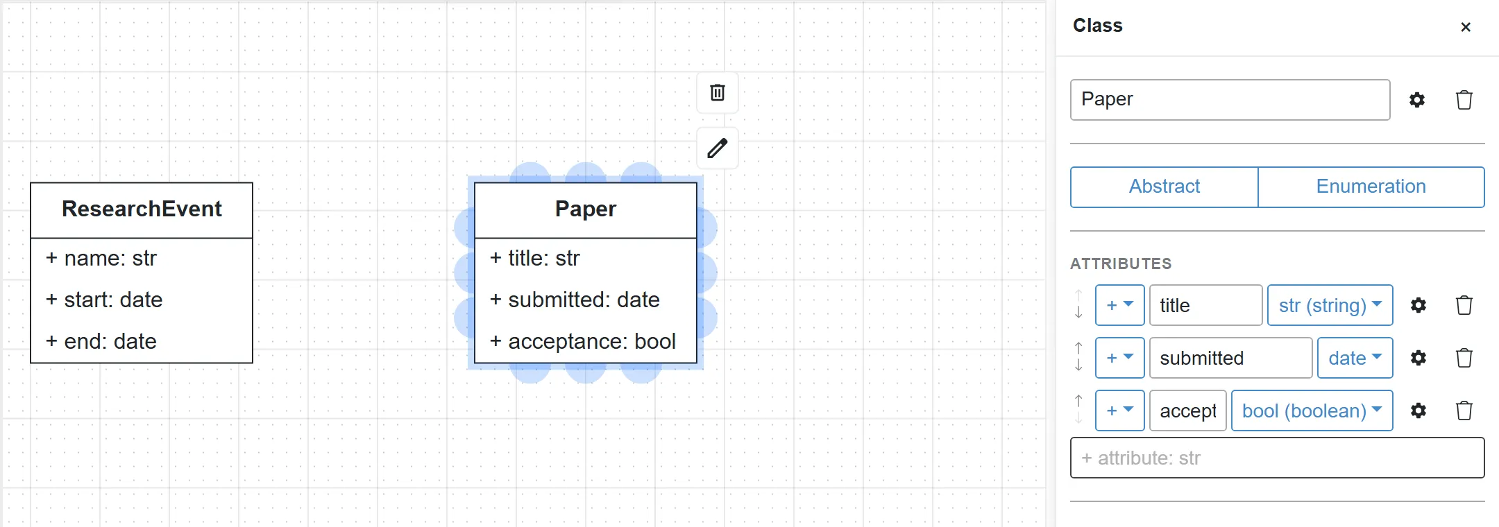 The Paper class with title, submitted and acceptance, and its panel showing the three attributes with their types