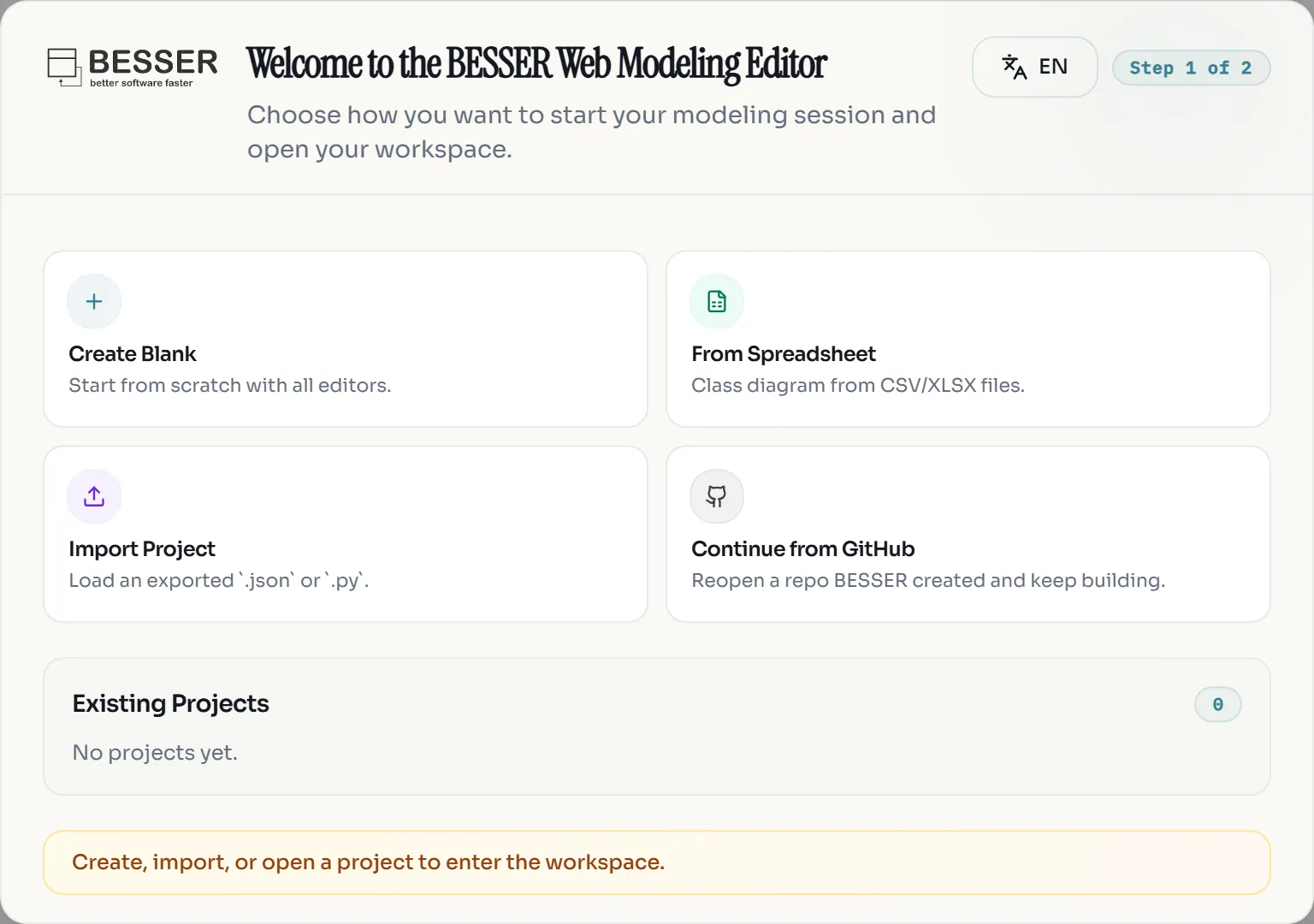 The project hub with four start cards: Create Blank, From Spreadsheet, Import Project and Continue from GitHub