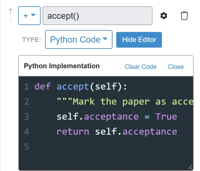 The accept method with Type Python Code and its Python implementation