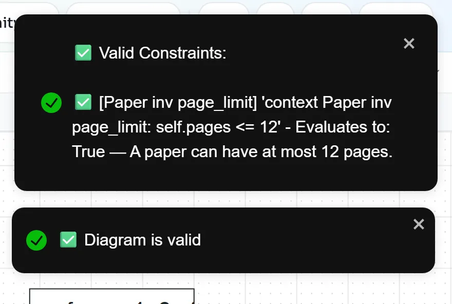 The notification Valid Constraints: Paper inv page_limit evaluates to True, followed by Diagram is valid