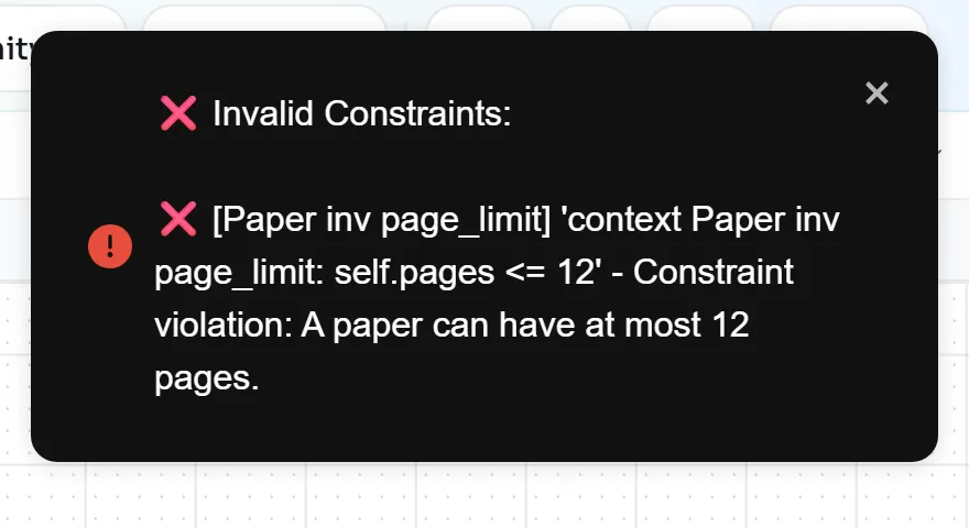 The notification Invalid Constraints: Paper inv page_limit, Constraint violation: A paper can have at most 12 pages.