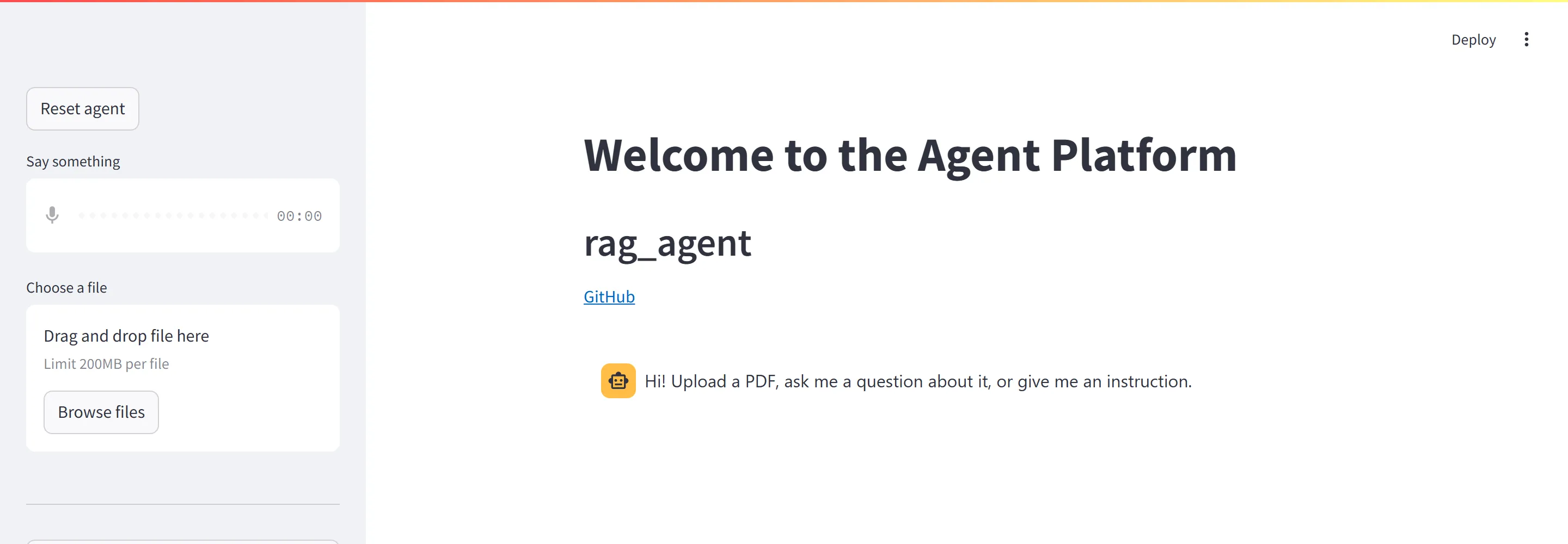 The Streamlit chat page of rag_agent with the greeting