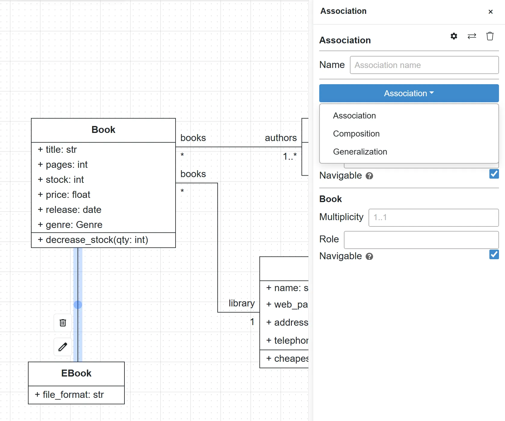 Relationship type dropdown with Association, Composition and Generalization
