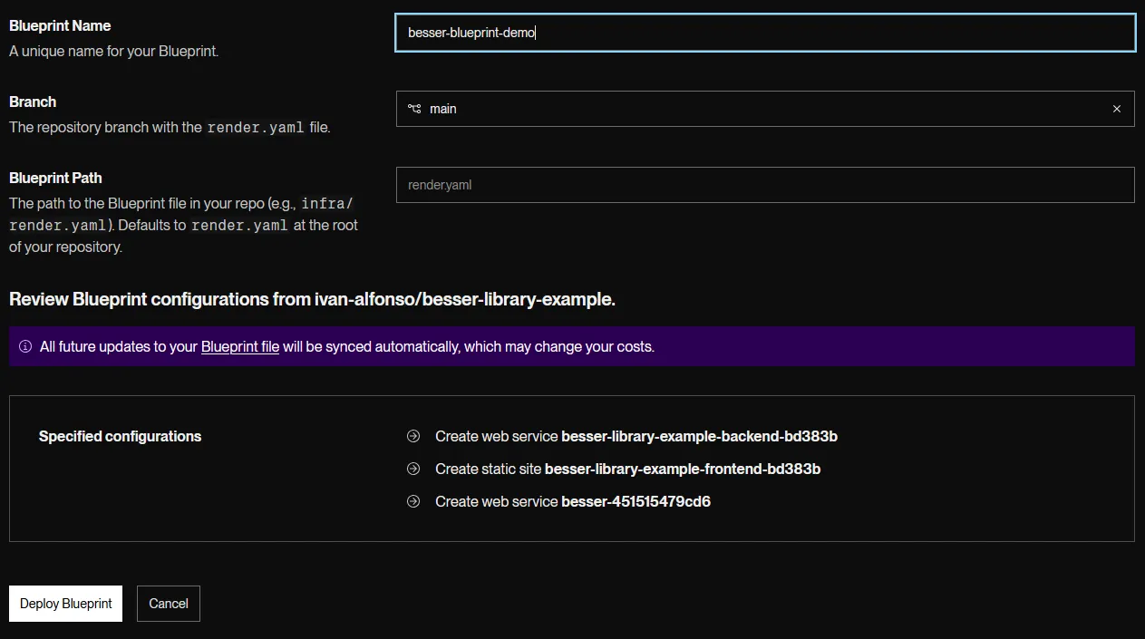 Render Blueprint form with Blueprint Name, Branch main, Blueprint Path and three services to create